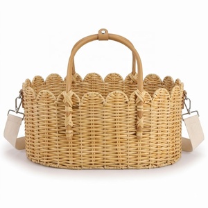 Paniers de rangement en osier avec poignées en cuir, bord festonné, organisateur ovale pour chambre de bébé, Vietnam - Product Image 1
