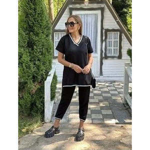 Ensemble deux pièces pour femme, chemisier à manches courtes et col en V, pantalon, 35789 - Noir - Product Image 2