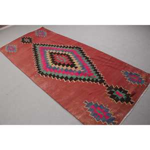 Tapis turc 3,7x8,6 pieds, tapis à carreaux rouge et bleu en laine - Product Image 2