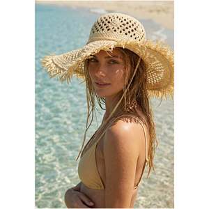 Chapeau de paille beige à large bord et détail pompon, chapeau d'été HSR2119 - HSR2119-BEJ - Product Image 5