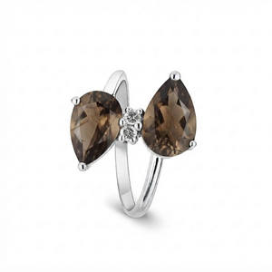Anillo de Plata de Ley con Doble Gema de Cuarzo Ahumado en Forma de Pera para Mujer, con Engaste de Diamantes y Baño de Rodio, Romántico para Compromiso o Boda - Product Image 1