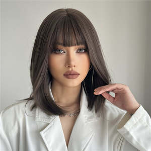 Delilah-DWY Short Bob Lace Front <b>Wig</b> Dark <b>Brown</b> Synthetic Fiber with Bangs Small Cap Size for Women - Product Image 4