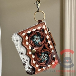 Nuevo monedero hecho a mano con pelo en cuero genuino para mujer occidental, monedero de cuero de vaca con cremallera, Mini tarjetero, billetera - Product Image 1