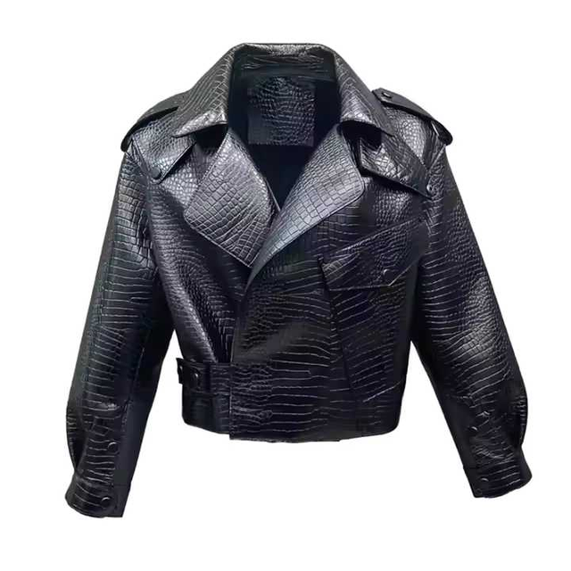 Black Unisex Slim Fit Genuine Leather for Pattern Bomber Jacket Canvas Waterproof Windproof Winter Moto Asymmetric Coat