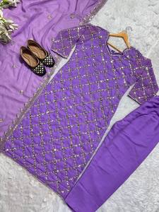 Salwar Kameez de Georgette Lavanda de Diseñador, con Bordado de Lentejuelas, Estilo Indio-Pakistaní, para Bodas, Festivales y Fiestas Tradicionales - Product Image 4