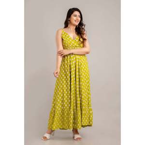 SHKUP1361 verde Floral estampado sin mangas Fit Flare Maxi vestido tamaño libre rayón elegante Sexy vestido de verano para mujer de oficina drapeado - Product Image 6