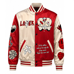 Veste universitaire rouge et crème pour homme avec motifs de patchs, col rabattu, simple boutonnage, style preppy, pour l'automne - Product Image 2