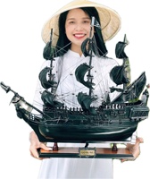 T305 - Modèle de bateau pirate en perles noires, artisanal, en bois de cèdre, fabriqué au Vietnam, artisanat ancien et moderne, décoration d'Halloween pour la maison, 67Lx15Wx61H cm