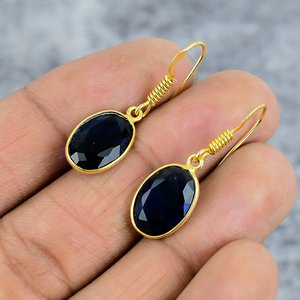 Handmade Trendy Blue Sapphire Dangle Drop Earrings 925 Sterling <b>Silver</b> Gold Plating Dainty Oval Shape Gemstone Weddings Parties - Product Image 3