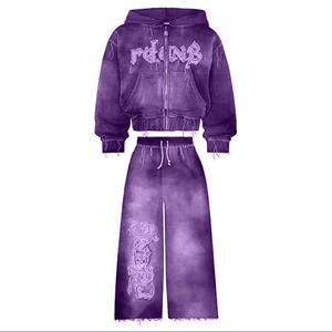 Custom Distressed Applique Embroidery <b>Tracksuits</b> Sets <b>Vintage</b> Sun Faded Zip up Hoodie Set Sun Faded Acid Washed <b>Tracksuit</b> - Product Image 5