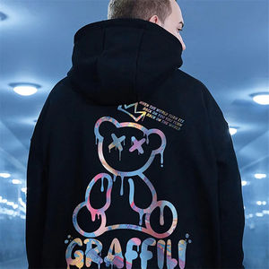 High Street Graffiti <b>Bear</b> Print Men's Fleece <b>Hoodie</b> Retro Autumn Casual Pullover Hooded Sweatshirts Hip Hop Y2K Hoodies Clothes - Product Image 5