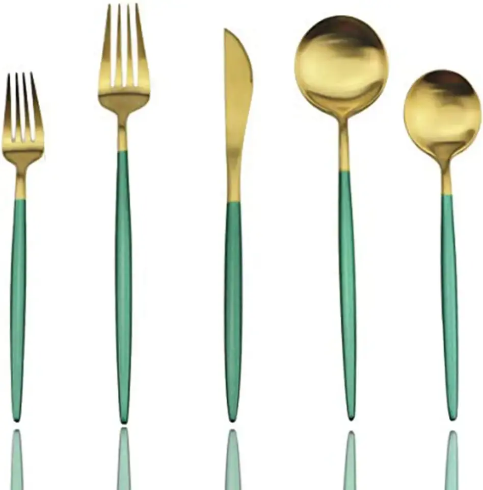 Penjualan laris Set peralatan makan emas Matte sendok garpu pisau perak Set sendok garpu baja tahan karat untuk pernikahan