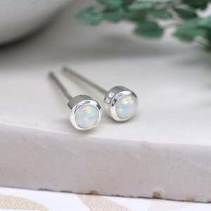 Petite Tiny Opal Round <b>Stud</b> <b>Earrings</b> Width 4 Mm <b>Set</b> In 925 <b>Sterling</b> <b>Silver</b> White Gemstone Bridal Wedding Engagement Party Wear - Product Image 1