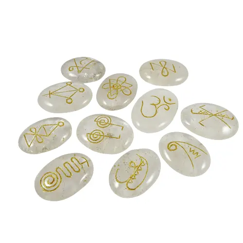 Direkte Fabrik preise Weiße Farbe Karuna Reiki Set mit gravierten Symbolen Ovale Form 9 Pic Reiki Set Großhandels preise
