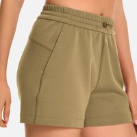 Shorts d'été décontractés pour femme, taille haute, coupe large, 100 % polyester éponge respirant, avec poches, idéal pour le sport et la plage, personnalisable avec logo.
