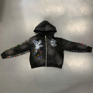 Sudaderas con capucha con cremallera lavadas con ácido Vintage personalizadas para hombre, impresión gráfica DTG, decoración de gemas, Sudadera con capucha de algodón 100% de peso pesado - Product Image 2