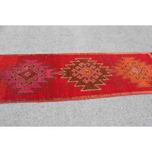 Turkish <b>Runner</b> Rug 3.2x11.3 ft, <b>Red</b> Orange Patchwork Rug Wool - Product Image 3