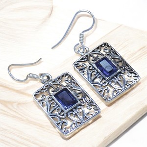 Bisel de corte esmeralda de alta calidad, piedras preciosas de amatista, pendientes de aro de aspecto antiguo de Plata de Ley 925, joyería de plata al por mayor - Product Image 1
