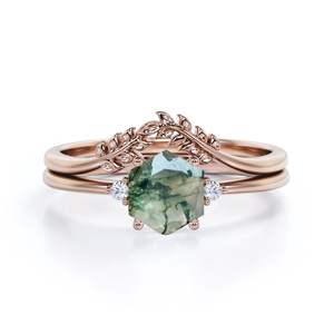 Bague de mariage personnalisable 0.55 carat hexagone mousse agate Moissanite diamant bague de mariée ensemble plaqué rhodium trois anneaux de fête de mariage pour les femmes - Product Image 5