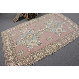 พรมขนาด 4.6x7.3 ฟุต, พรมวินเทจ, พรมลายตารางสีชมพูขนแกะตุรกี - Product Image 2