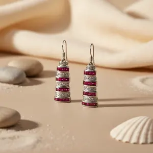Boucles d'oreilles pendantes fines en argent avec rubis et diamants pour femmes - Product Image 3