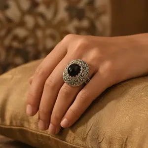 925 <b>Silver</b> Onyx Marcasite <b>Ring</b> for Women Fashionable Vintage <b>Statement</b> Jewelry WithResizable Gemstone Brass Material - Product Image 2