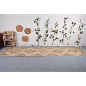 Alfombra de lana Vintage Beige verde hecho a mano diseño de retazos turcos patrón de pasillo rectangular clásico 3,3X12,6 pies pila de felpa de látex - Product Image 1