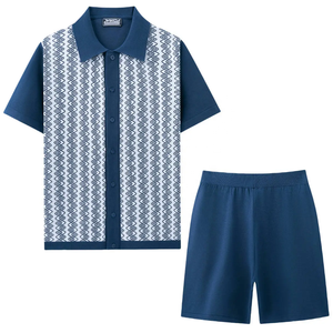 2PINZA Men's Geometric <b>Knitted</b> Polo Shirt and Shorts <b>Set</b> Casual Summer Outfit Brown and White Patterned Two Piece Wear - Product Image 3