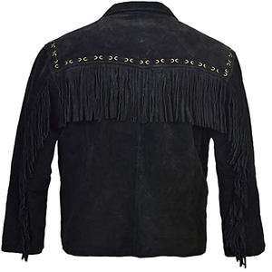 Chaqueta de cuero de vaca con flecos y cuentas para hombre, alta calidad, estilo occidental, vaquero, negro, águila - Product Image 4