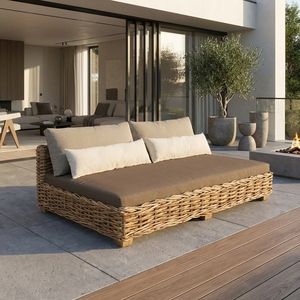 Natural Chunky <b>Rattan</b> <b>Outdoor</b> Double Daybed Brown Mattress Cream Lumbar Bolster Pillows Setup Decor Pure Art Room Design - Product Image 4