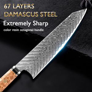 Couteau de chef de cuisine en acier damas à manche en résine de couleur verte professionnelle OEM ODM personnalisé en gros usine de coutellerie - Product Image 3