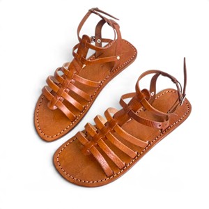 Sandales gladiateur pour femmes en cuir véritable, légères, avec amorti, à brides, plates, à bout ouvert, avec boucle à la cheville, style bohème, marron, pour l'été - Product Image 3