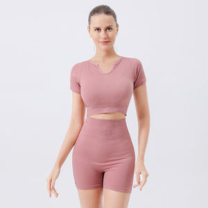 Ensemble short de yoga d'été sans couture Haut élastique Petit gilet à col en V à manches courtes Costume de sport 2 pièces Gym Wear Respirant Solide - Product Image 2