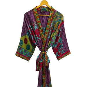 Bata de seda de verano para mujer, bata larga de noche, Kimono Sari de seda reciclado Vintage indio con estampado Floral, - Product Image 1