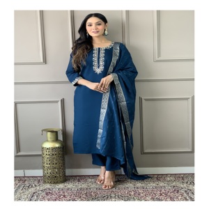 Meilleure exportation Viscose Chanderi Kurti Pantalon Avec Jacquard Dupatta Pour Femmes Vêtements Vie Quotidienne Utilisation pour la Vente en Gros de l'Inde - Product Image 1