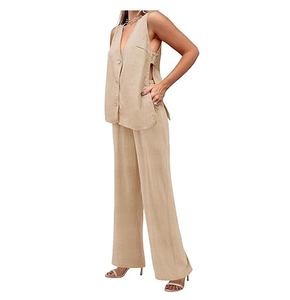Conjunto de algodón Beige elegante de alta demanda para mujer, Top sin mangas con cuello en V y pantalones de pierna ancha, traje de dos piezas de verano - Product Image 1