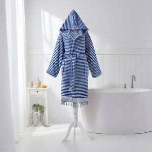 Peignoir turc à pompons bleu, à capuche, 100% coton - Product Image 3