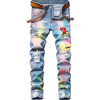 Jeans skinny droits déchirés et vieillis avec des éclaboussures de peinture personnalisées, pantalon vintage, jeans brodés et rapiécés pour hommes