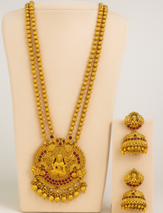 ชุดเครื่องประดับทองโบราณแบบยาวพร้อมต่างหู จี้พระลักษมี เครื่องประดับเจ้าสาวแบบอินเดียดั้งเดิมพร้อมสร้อยลูกปัด - Product Image 2