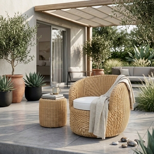 Fauteuil de jardin extérieur moderne en rotin tressé naturel avec coussin de siège blanc pour villa et parc – Ensemble de chaises longues de patio - Product Image 4