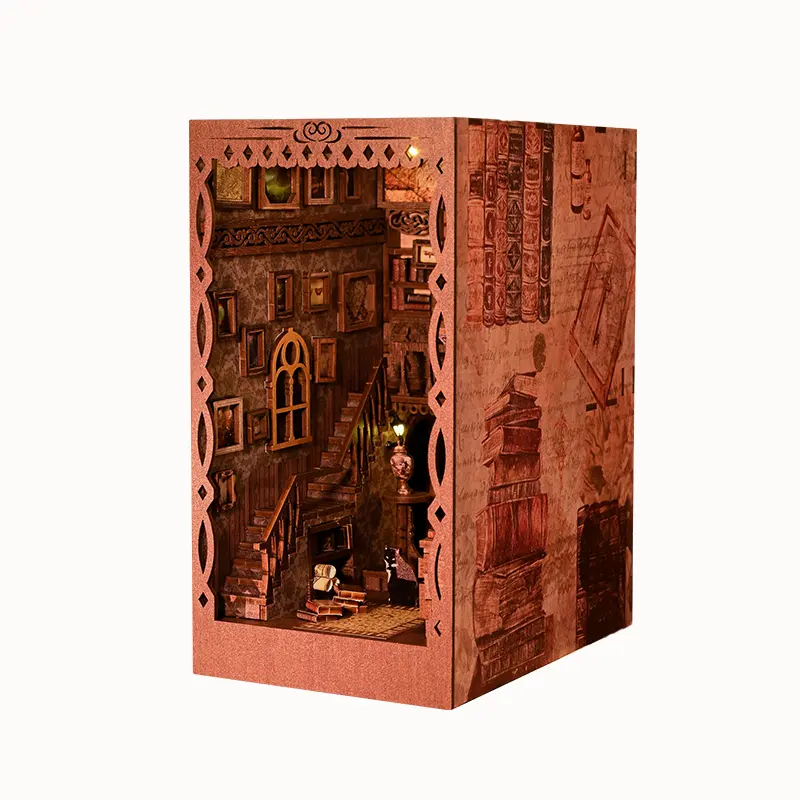 IIECREATE 학자의 꿈의 책 구석 3D 나무 DIY 미니어처 하우스 조립 장난감 북 엔드