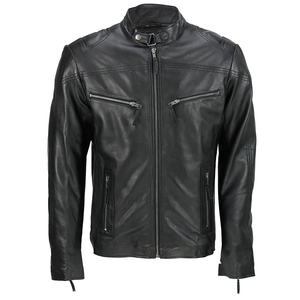 แจ็กเก็ตหนังแกะสีดำสำหรับผู้ชายดีไซน์วินเทจแบบลำลองทำจากหนังแกะเคลือบแวกซ์แท้มีโลโก้ด้านหน้า - Product Image 1