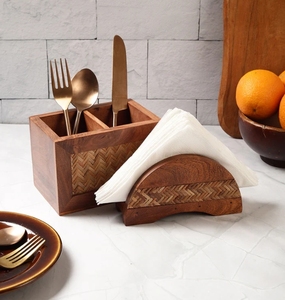 Hand Crafted Acacia Wood Chatai Cutlery & Tissue Holder Set Utensil Caddy Countertop Cutlery Holder Fork Spoon Knife Organizer - Product Image 3