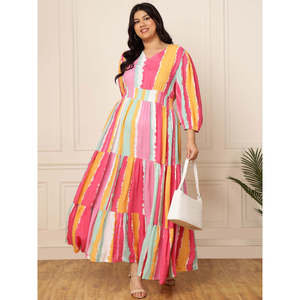 Vestido Maxi a Rayas con Capas para Mujer Tallas Grandes Deebaco, Cuello en V, Mangas Rectas 3/4, Cintura Natural, Estilo Bohemio Casual, Rayón, Corte A - Product Image 1
