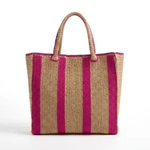 Bolso de Rafia a Rayas Tejido a Crochet, Estilo Bohemio para Mujer, Abierto, Resistente, de Uso Diario, con Dos Asas y Patrón de Rayas - Product Image 1