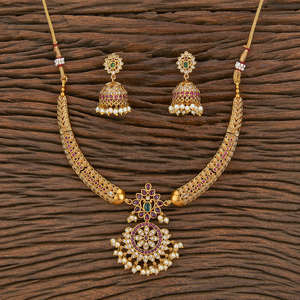 ชุดสร้อยคอโมติโบราณจากอินเดียใต้ ชุบทองด้าน 217304 เครื่องประดับทำมือในอินเดีย - Product Image 3