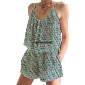 Conjunto de Pijama de Algodón Indio para Mujer, Estampado Floral a Mano, Primavera/Verano, Floral, Ajustado, con Tirantes, Sin Mangas - Product Image 2