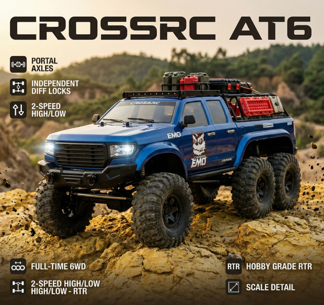 CROSSRC AT6 1/10 RC Crawler 6x6 Unimog Brushed Truck Three Portal Axle 6WD Independent Diff Lock 2-Speed Hobby Grade RTR