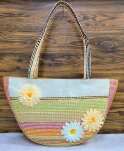 Design classique en fibre de jute naturelle imprimée florale avec un sac fourre-tout rond décontracté avec poignée, bonne capacité pour les essentiels quotidiens - Product Image 5