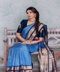 Sari de seda Banarasi de diseño con trabajo de tejido, blusa sin coser, para fiestas, todas las estaciones, precio al por mayor, prenda étnica, azul - Product Image 3